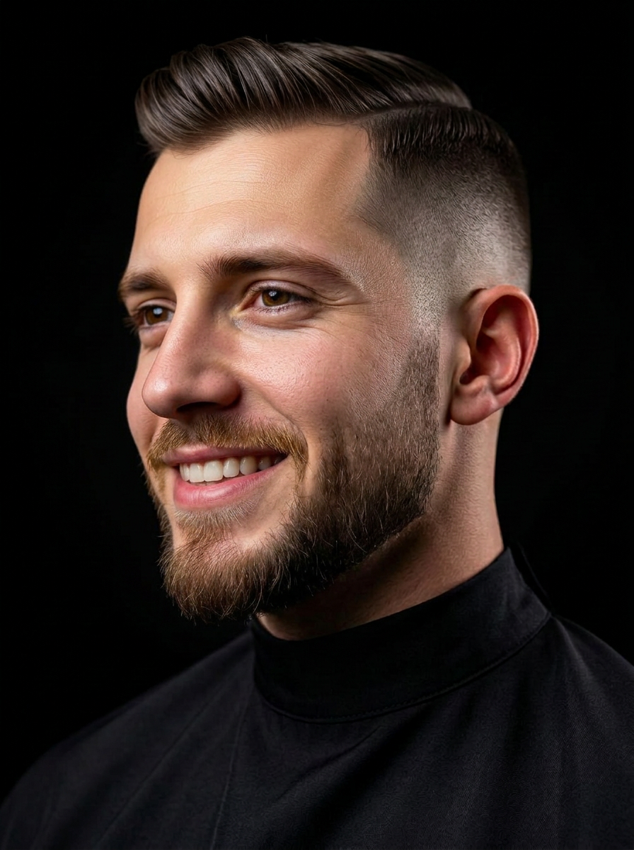 Professionelles Herrenstyling mit präzisem Fade und gepflegtem Bart